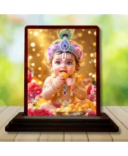 Car Desk/Table Top Lord Bal Krishna Wooden Photo Stand  3x4 Inches, Compact & Stylish Spiritual Display For Car, Home & Office (Pack Of 1) (F15129)