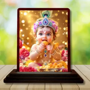 Car Desk/Table Top Lord Bal Krishna Wooden Photo Stand 3x4 Inches, Compact & Stylish Spiritual Display For Car, Home & Office (Pack Of 1) (F15129) Car Desk/Table Top Lord Bal Krishna Wooden Photo Stand 3x4 Inches, Compact & Stylish Spiritual Display For Car, Home & Office (Pack Of 1) (F15129)