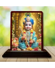 Car Desk/Table Top Lord Bal Krishna Wooden Photo Stand  3x4 Inches, Compact & Stylish Spiritual Display For Car, Home & Office (Pack Of 1) (F15130)
