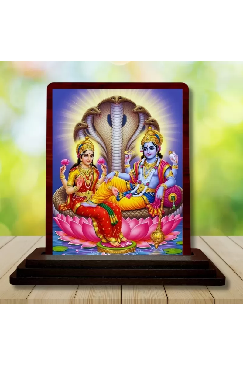 Car Desk/Table Top Lord Vishnu Laxmi Wooden Photo Stand  3x4 Inches, Compact & Stylish Spiritual Display For Car, Home & Office (Pack Of 1) (F15132)