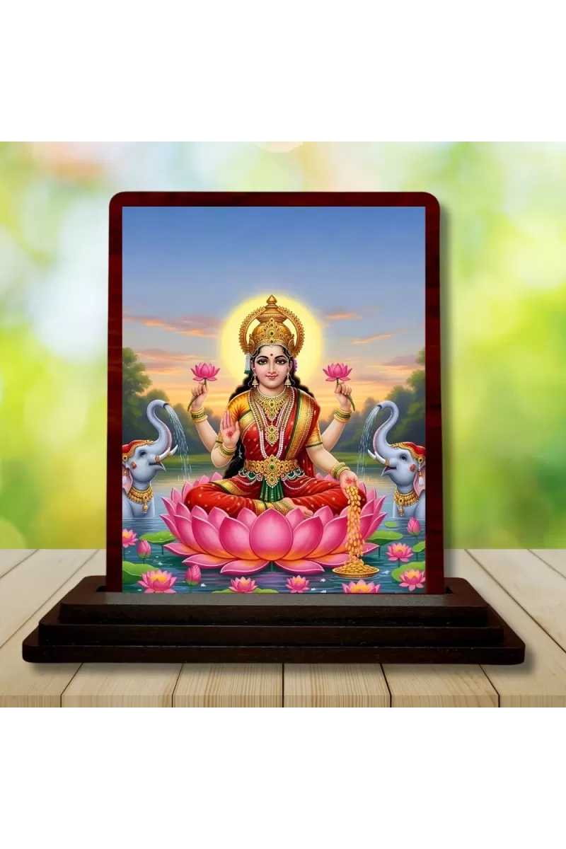 Car Desk/Table Top Maa Laxmi Wooden Photo Stand  3x4 Inches, Compact & Stylish Spiritual Display For Car, Home & Office (Pack Of 1) (F15134)