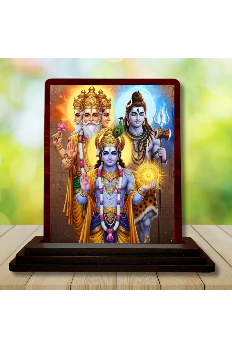 Car Desk/Table Top Lord Vishnu Shankar Bramha Wooden Photo Stand  3x4 Inches, Compact & Stylish Spiritual Display For Car, Home & Office (Pack Of 1) (F15142)