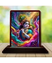 Car Desk/Table Top Lord Krishna Wooden Photo Stand  3x4 Inches, Compact & Stylish Spiritual Display For Car, Home & Office (Pack Of 1) (F15143)