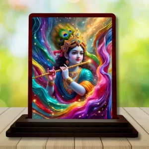 Car Desk/Table Top Lord Krishna Wooden Photo Stand  3x4 Inches, Compact & Stylish Spiritual Display For Car, Home & Office (Pack Of 1) (F15143)