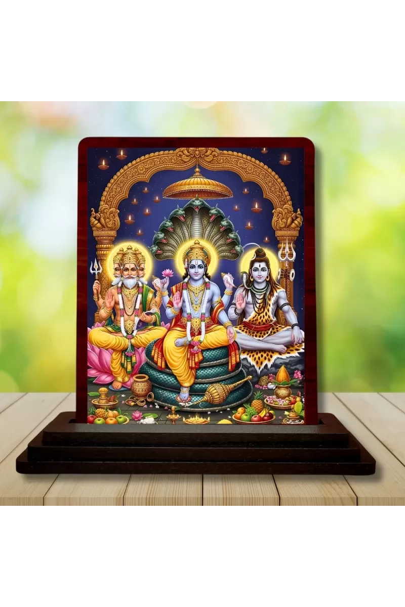 Car Desk/Table Top Lord Vishnu Shankar Bramha Wooden Photo Stand  3x4 Inches, Compact & Stylish Spiritual Display For Car, Home & Office (Pack Of 1) (F15146)