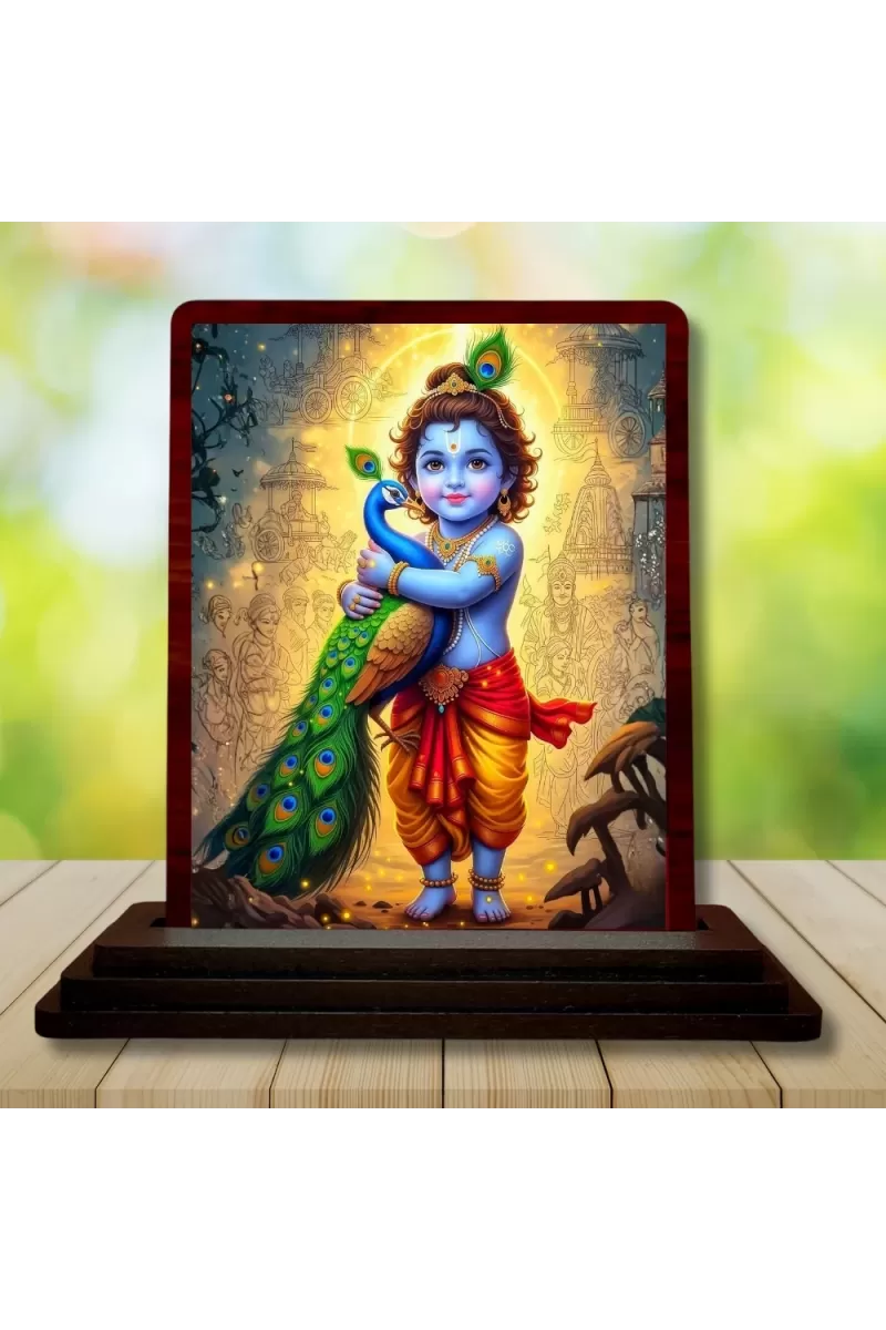 Car Desk/Table Top Lord Bal Krishna Wooden Photo Stand  3x4 Inches, Compact & Stylish Spiritual Display For Car, Home & Office (Pack Of 1) (F15148)