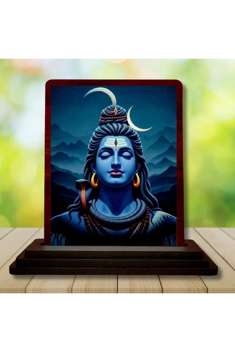Car Desk/Table Top Lord Shiva Wooden Photo Stand  3x4 Inches, Compact & Stylish Spiritual Display For Car, Home & Office (Pack Of 1) (F15154)