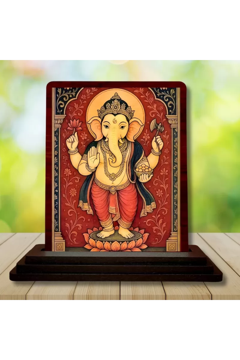 Car Desk/Table Top Lord Ganesha Wooden Photo Stand  3x4 Inches, Compact & Stylish Spiritual Display For Car, Home & Office (Pack Of 1) (F15164)