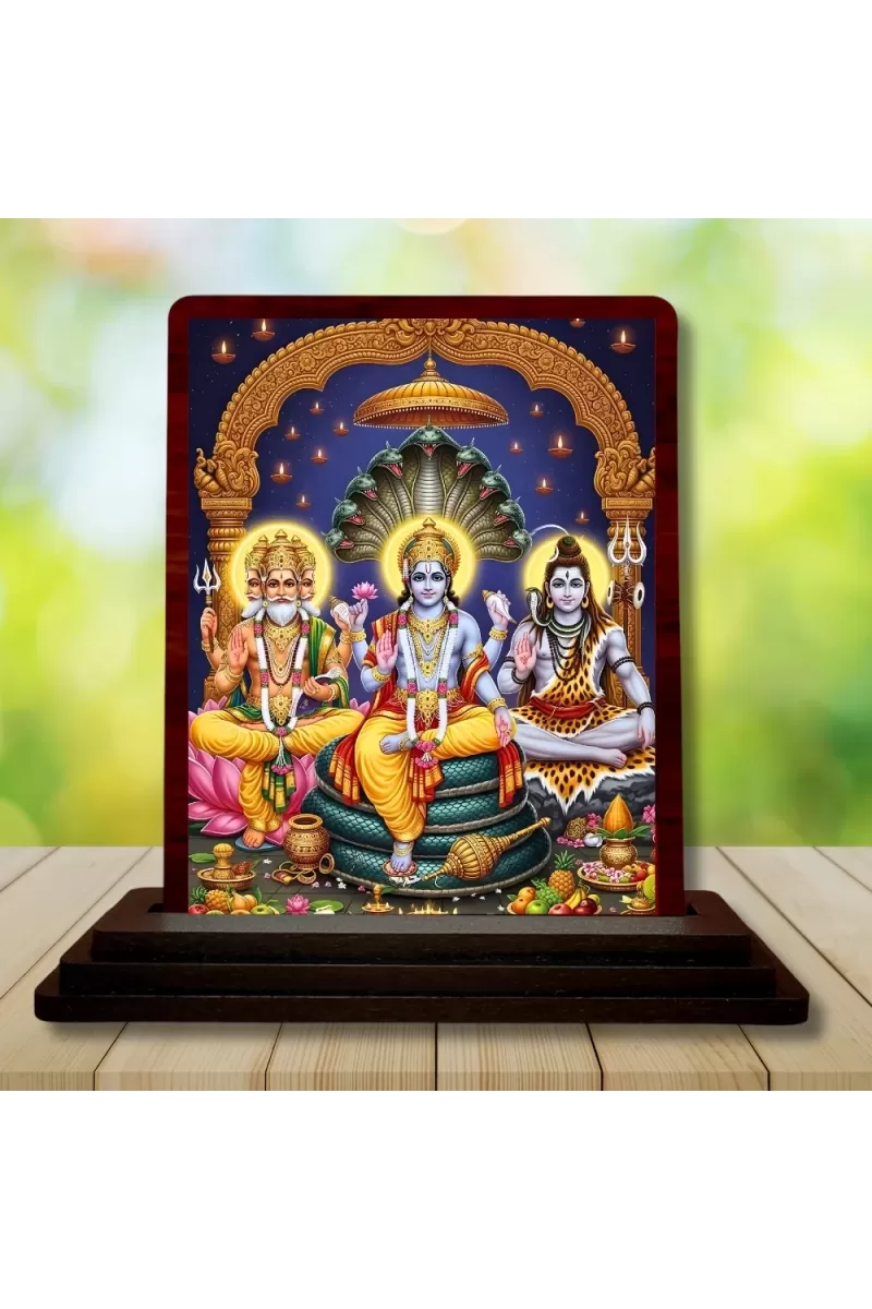 Car Desk/Table Top Lord Vishnu Shakar Brhma Wooden Photo Stand  3x4 Inches, Compact & Stylish Spiritual Display For Car, Home & Office (Pack Of 1) (F15165)
