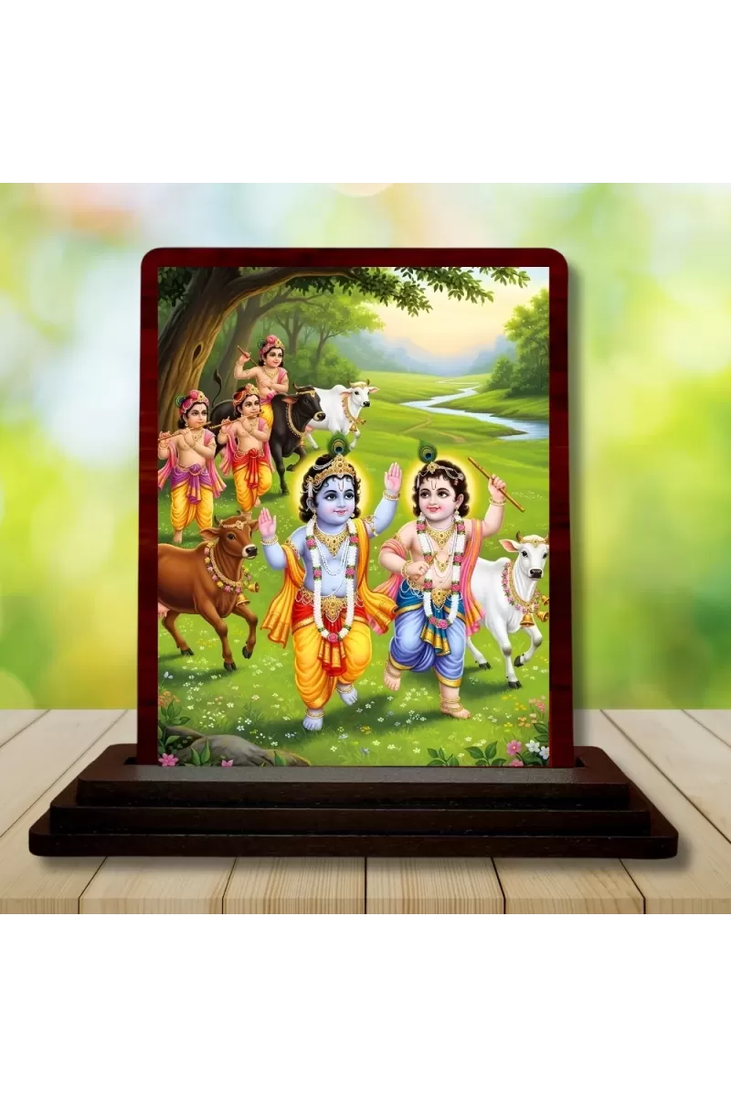 Car Desk/Table Top  Lord Radha Krishna Wooden Photo Stand  3x4 Inches, Compact & Stylish Spiritual Display For Car, Home & Office (Pack Of 1) (F15169)