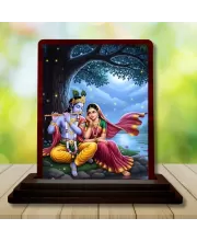 Car Desk/Table Top  Lord Radha Krishna Wooden Photo Stand  3x4 Inches, Compact & Stylish Spiritual Display For Car, Home & Office (Pack Of 1) (F15171)