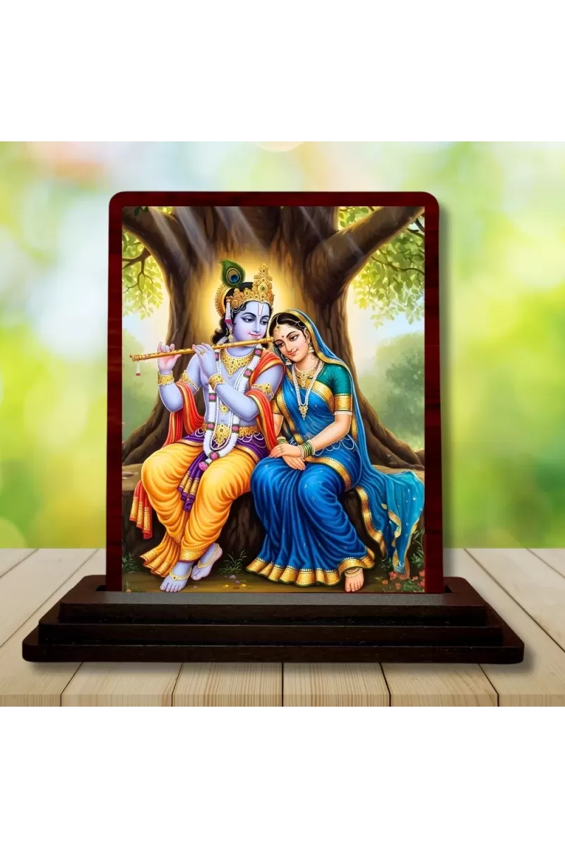 Car Desk/Table Top  Lord Radha Krishna Wooden Photo Stand  3x4 Inches, Compact & Stylish Spiritual Display For Car, Home & Office (Pack Of 1) (F15172)
