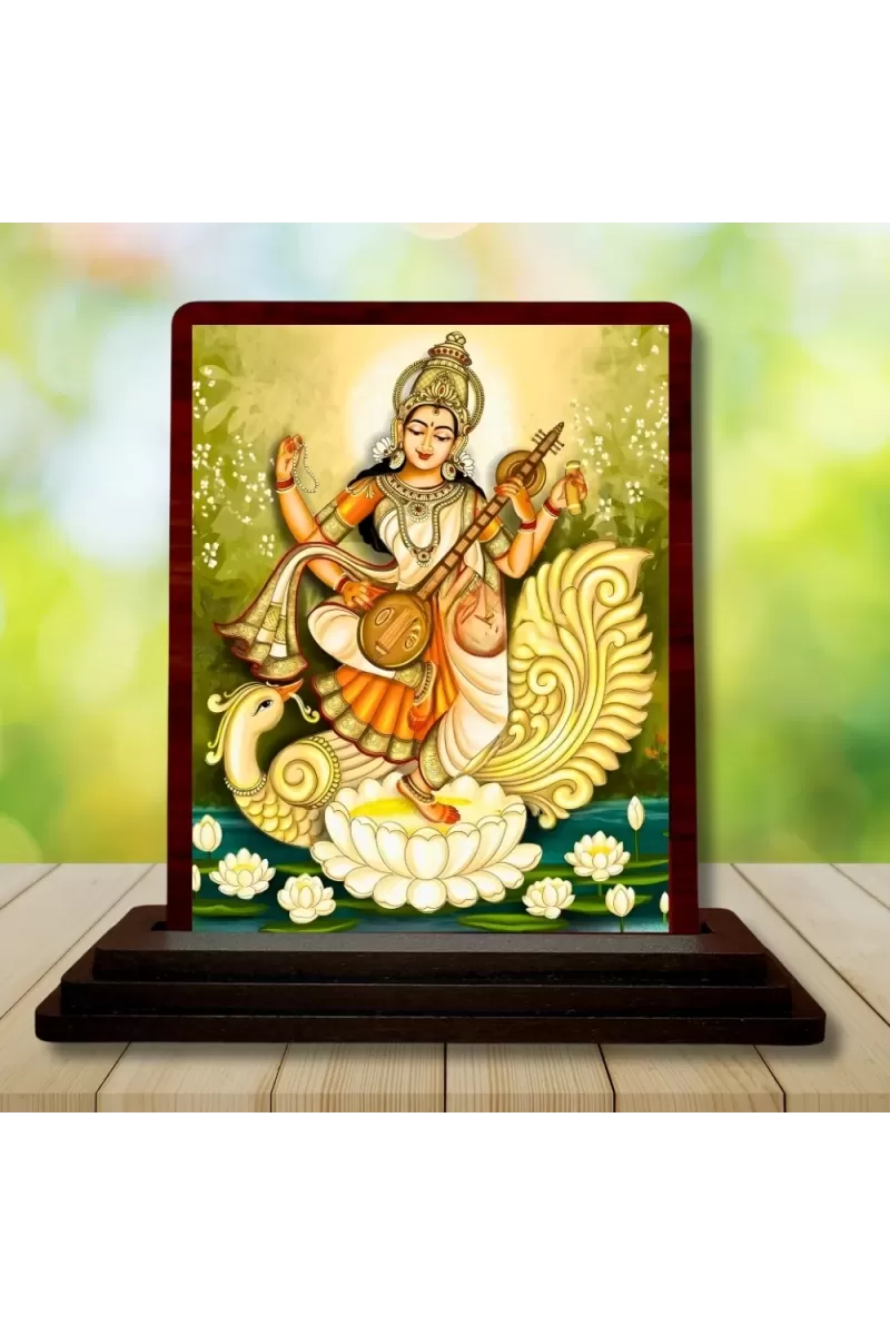 Car Desk/Table Top Maa Sarswati Wooden Photo Stand  3x4 Inches, Compact & Stylish Spiritual Display For Car, Home & Office (Pack Of 1) (F15173)