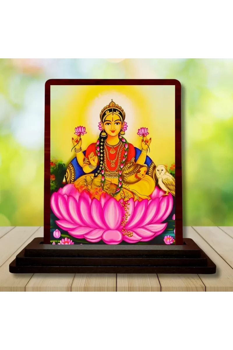 Car Desk/Table Top Maa Laxmi Wooden Photo Stand  3x4 Inches, Compact & Stylish Spiritual Display For Car, Home & Office (Pack Of 1) (F15174)