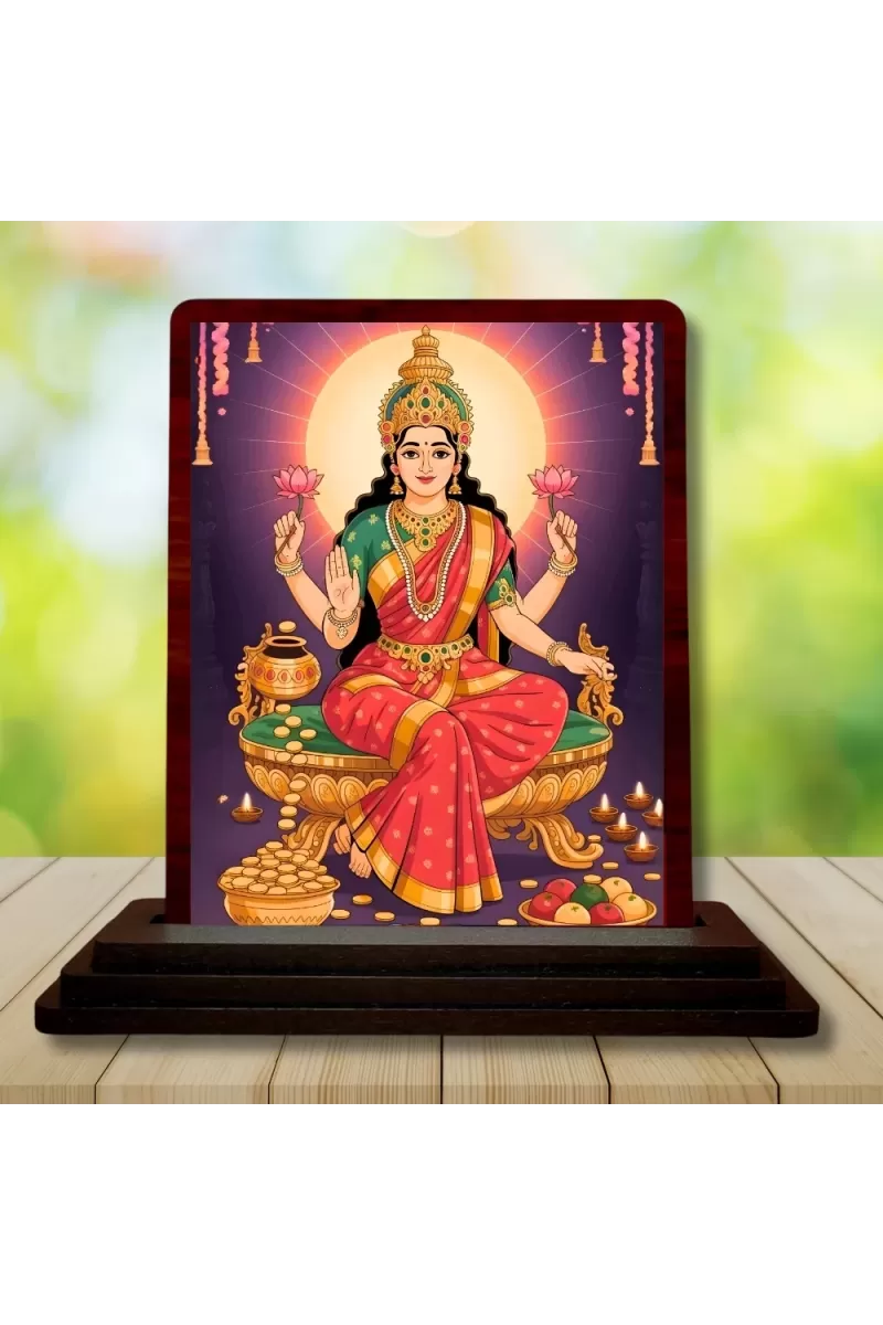 Car Desk/Table Top Maa Laxmi Wooden Photo Stand  3x4 Inches, Compact & Stylish Spiritual Display For Car, Home & Office (Pack Of 1) (F15175)