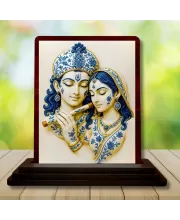Car Desk/Table Top  Lord Radha Krishna Wooden Photo Stand  3x4 Inches, Compact & Stylish Spiritual Display For Car, Home & Office (Pack Of 1) (F15180)