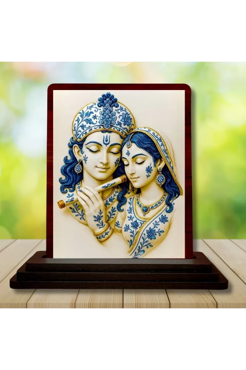 Car Desk/Table Top  Lord Radha Krishna Wooden Photo Stand  3x4 Inches, Compact & Stylish Spiritual Display For Car, Home & Office (Pack Of 1) (F15180)