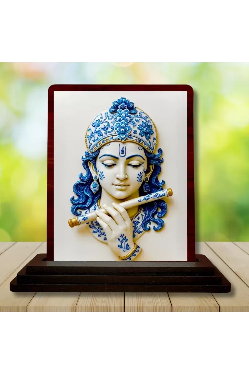 Car Desk/Table Top  Lord Krishna Wooden Photo Stand  3x4 Inches, Compact & Stylish Spiritual Display For Car, Home & Office (Pack Of 1) (F15181)