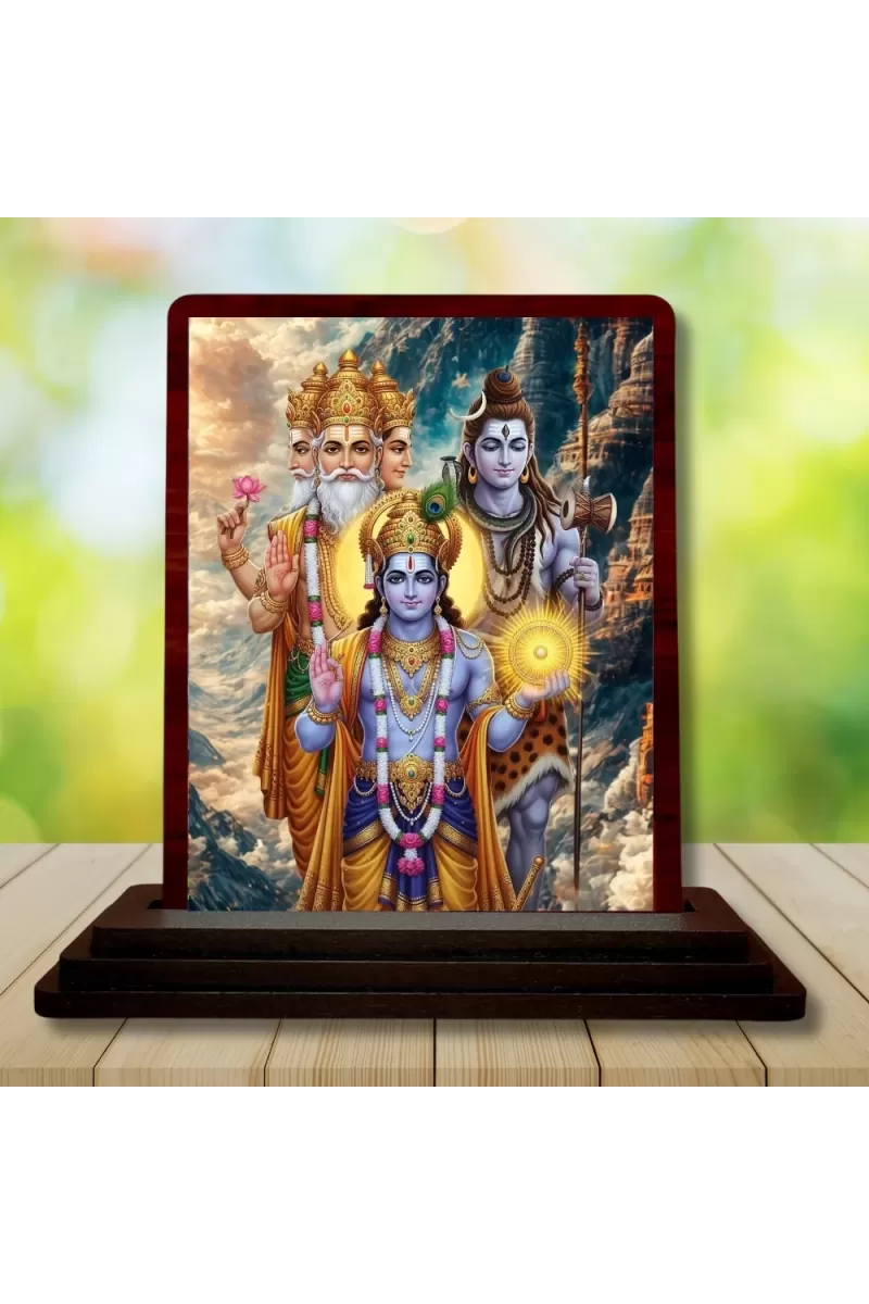 Car Desk/Table Top Lord Vishnu Shankar Bramha Wooden Photo Stand  3x4 Inches, Compact & Stylish Spiritual Display For Car, Home & Office (Pack Of 1) (F15187)