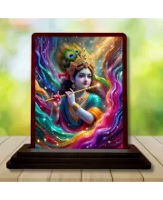 Car Desk/Table Top Lord Krishna Wooden Photo Stand  3x4 Inches, Compact & Stylish Spiritual Display For Car, Home & Office (Pack Of 1) (F15188)