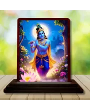 Car Desk/Table Top Lord Krishna Wooden Photo Stand  3x4 Inches, Compact & Stylish Spiritual Display For Car, Home & Office (Pack Of 1) (F15189)