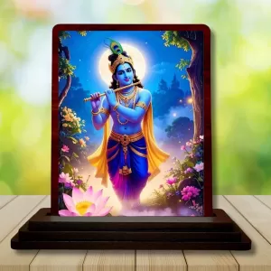 Car Desk/Table Top Lord Krishna Wooden Photo Stand  3x4 Inches, Compact & Stylish Spiritual Display For Car, Home & Office (Pack Of 1) (F15189)