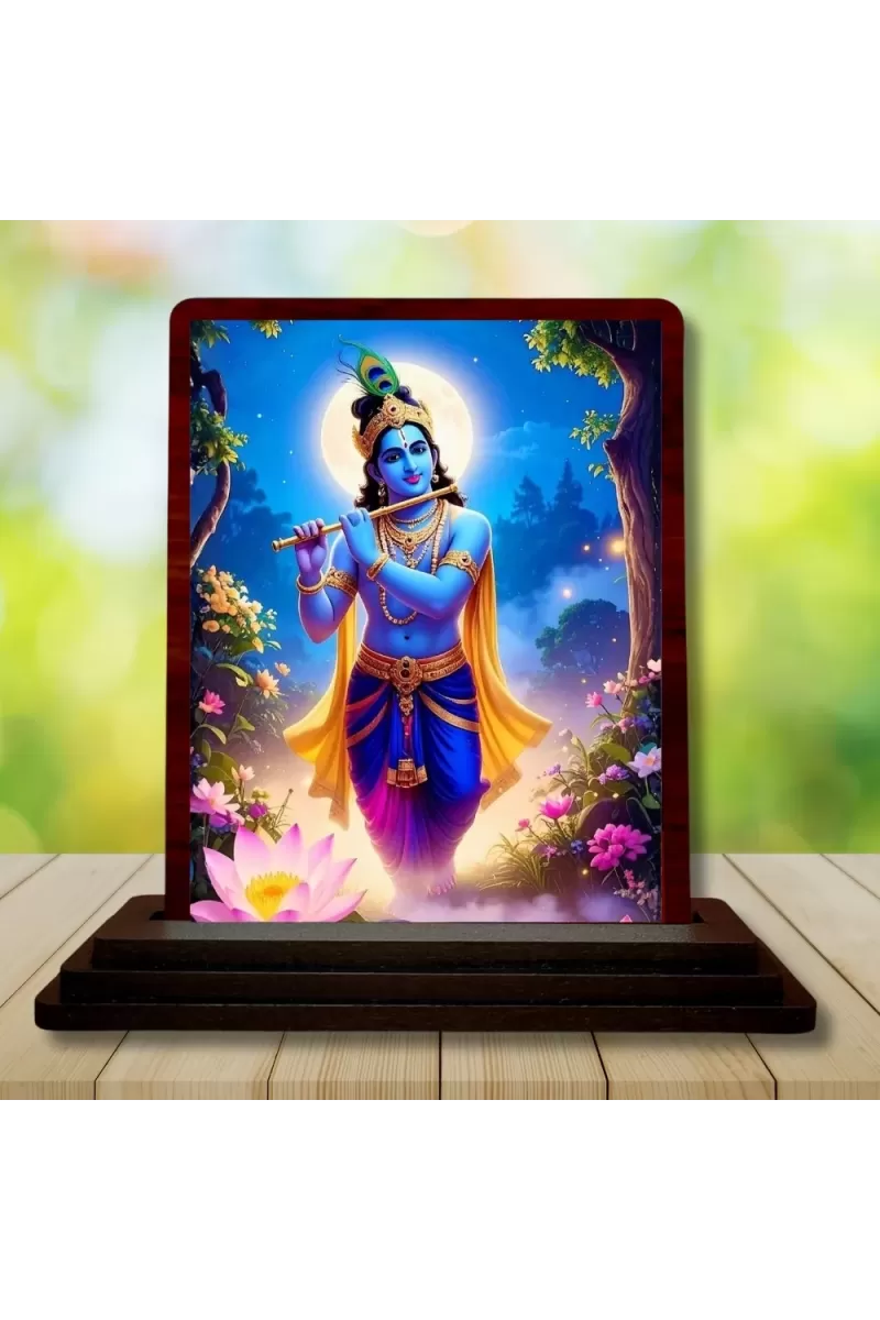 Car Desk/Table Top Lord Krishna Wooden Photo Stand  3x4 Inches, Compact & Stylish Spiritual Display For Car, Home & Office (Pack Of 1) (F15189)