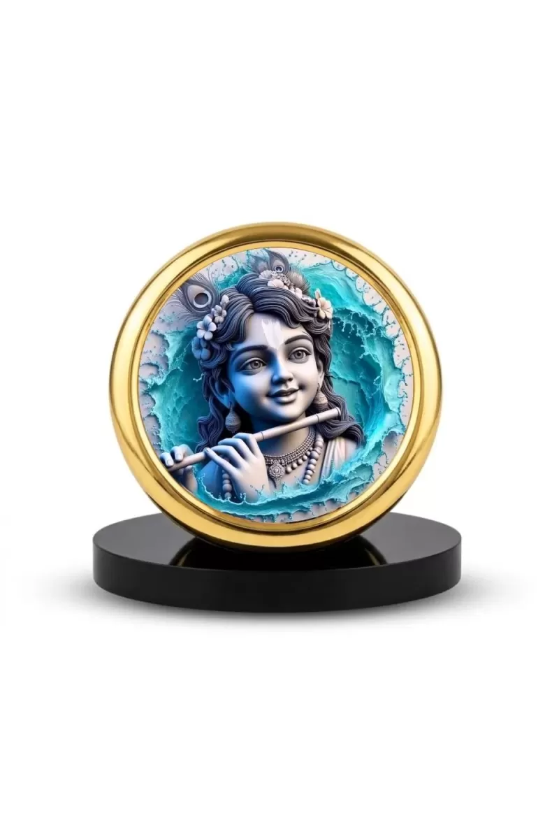 Car Desk/Table Top Lord Krishna Metal Golden Photo Stand  2x2 Inches, Compact & Stylish Spiritual Display For Car, Home & Office (Pack Of 1) (F18454)