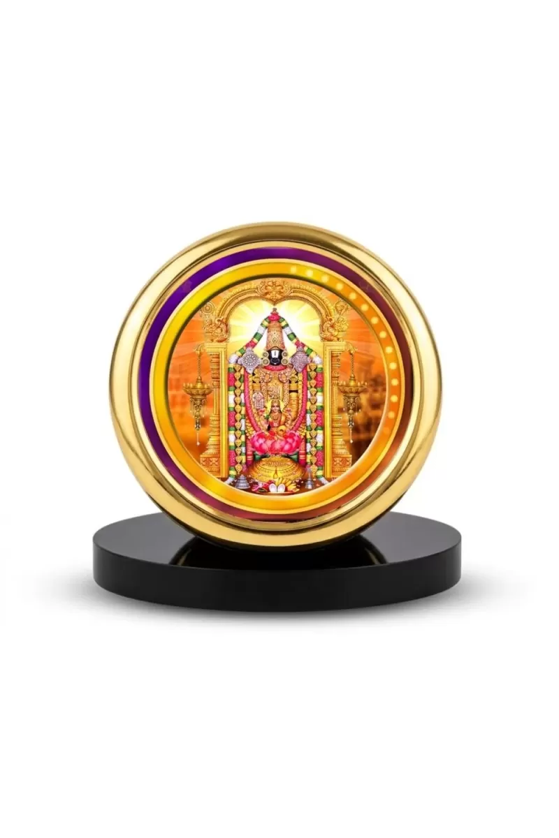 Car Desk/Table Top Lord Venkateshwara Metal Golden Photo Stand  2x2 Inches, Compact & Stylish Spiritual Display For Car, Home & Office (Pack Of 1) (F18437)