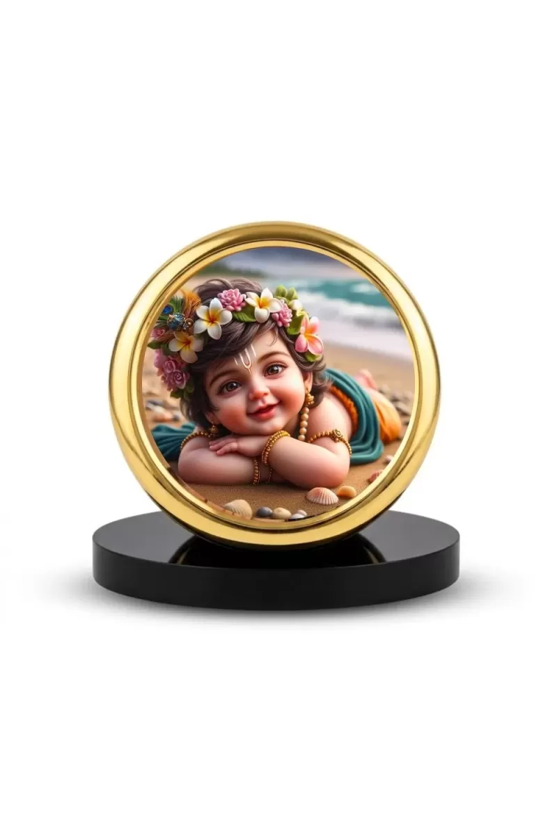 Car Desk/Table Top Little Krishna Metal Golden Photo Stand  2x2 Inches, Compact & Stylish Spiritual Display For Car, Home & Office (Pack Of 1) (F18456)