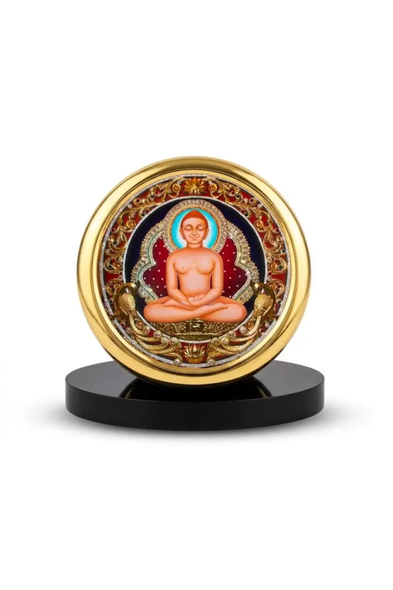 Car Desk/Table Top Mahavir  Metal Golden Photo Stand  2x2 Inches, Compact & Stylish Spiritual Display For Car, Home & Office (Pack Of 1) (F18457)