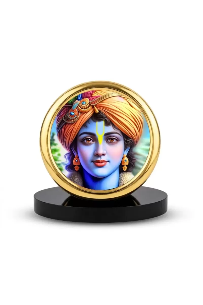 Car Desk/Table Top Lord Krishna Metal Golden Photo Stand  2x2 Inches, Compact & Stylish Spiritual Display For Car, Home & Office (Pack Of 1) (F18458)