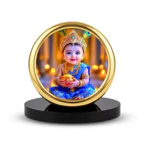 Car Desk/Table Top Little Krishna Metal Golden Photo Stand 2x2 Inches, Compact & Stylish Spiritual Display For Car, Home & Office (Pack Of 1) (F18463) Car Desk/Table Top Little Krishna Metal Golden Photo Stand 2x2 Inches, Compact & Stylish Spiritual Display For Car, Home & Office (Pack Of 1) (F18463)