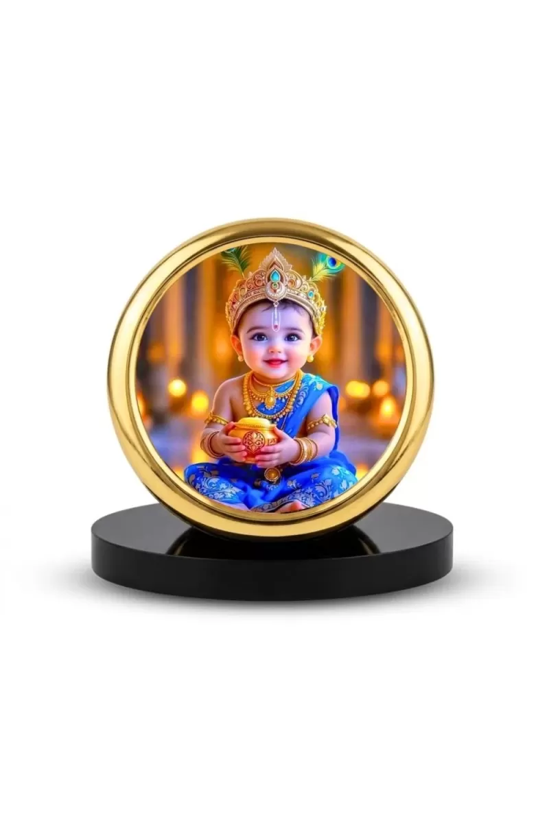 Car Desk/Table Top Little Krishna Metal Golden Photo Stand  2x2 Inches, Compact & Stylish Spiritual Display For Car, Home & Office (Pack Of 1) (F18463)