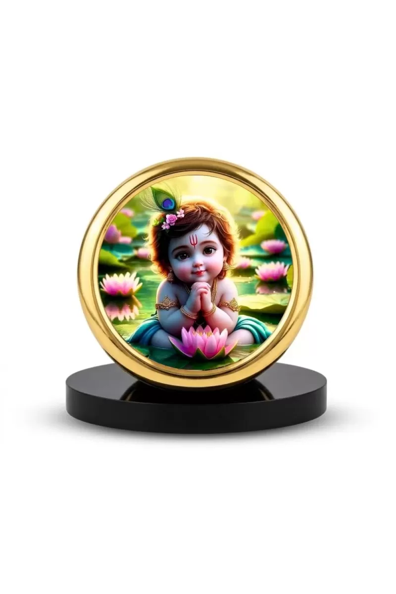 Car Desk/Table Top Little Krishna Metal Golden Photo Stand  2x2 Inches, Compact & Stylish Spiritual Display For Car, Home & Office (Pack Of 1) (F18464)