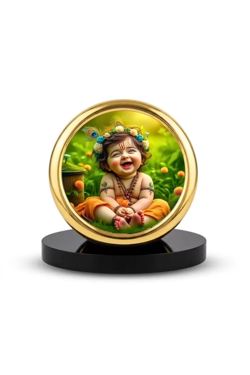 Car Desk/Table Top Little Krishna Metal Golden Photo Stand  2x2 Inches, Compact & Stylish Spiritual Display For Car, Home & Office (Pack Of 1) (F18466)