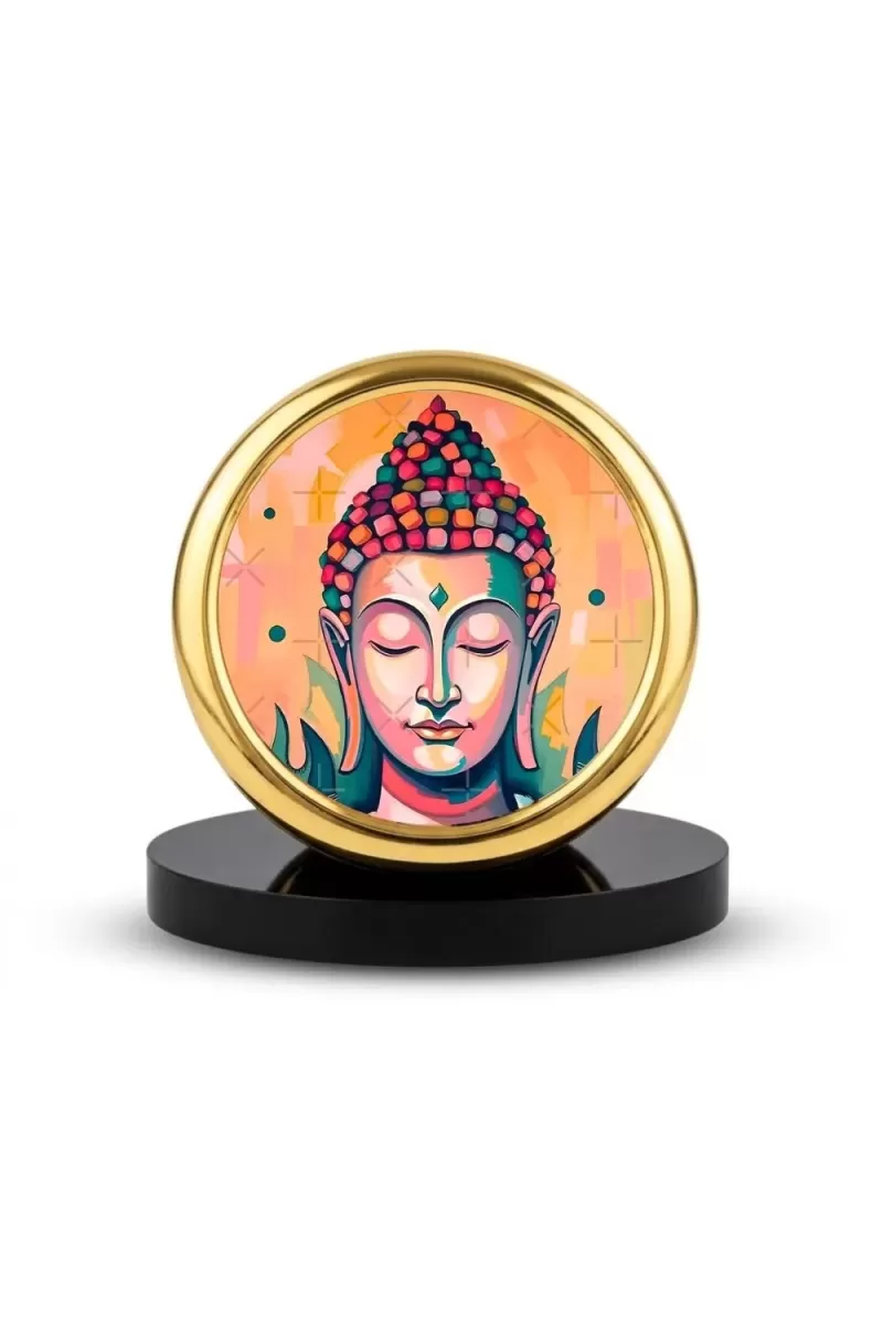 Car Desk/Table Top Serene Buddha Metal Golden Photo Stand  2x2 Inches, Compact & Stylish Spiritual Display For Car, Home & Office (Pack Of 1) (F18467)