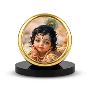 Car Desk/Table Top Little Krishna Metal Golden Photo Stand 2x2 Inches, Compact & Stylish Spiritual Display For Car, Home & Office (Pack Of 1) (F18469) Car Desk/Table Top Little Krishna Metal Golden Photo Stand 2x2 Inches, Compact & Stylish Spiritual Display For Car, Home & Office (Pack Of 1) (F18469)