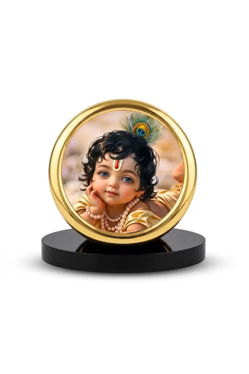Car Desk/Table Top Little Krishna Metal Golden Photo Stand  2x2 Inches, Compact & Stylish Spiritual Display For Car, Home & Office (Pack Of 1) (F18469)
