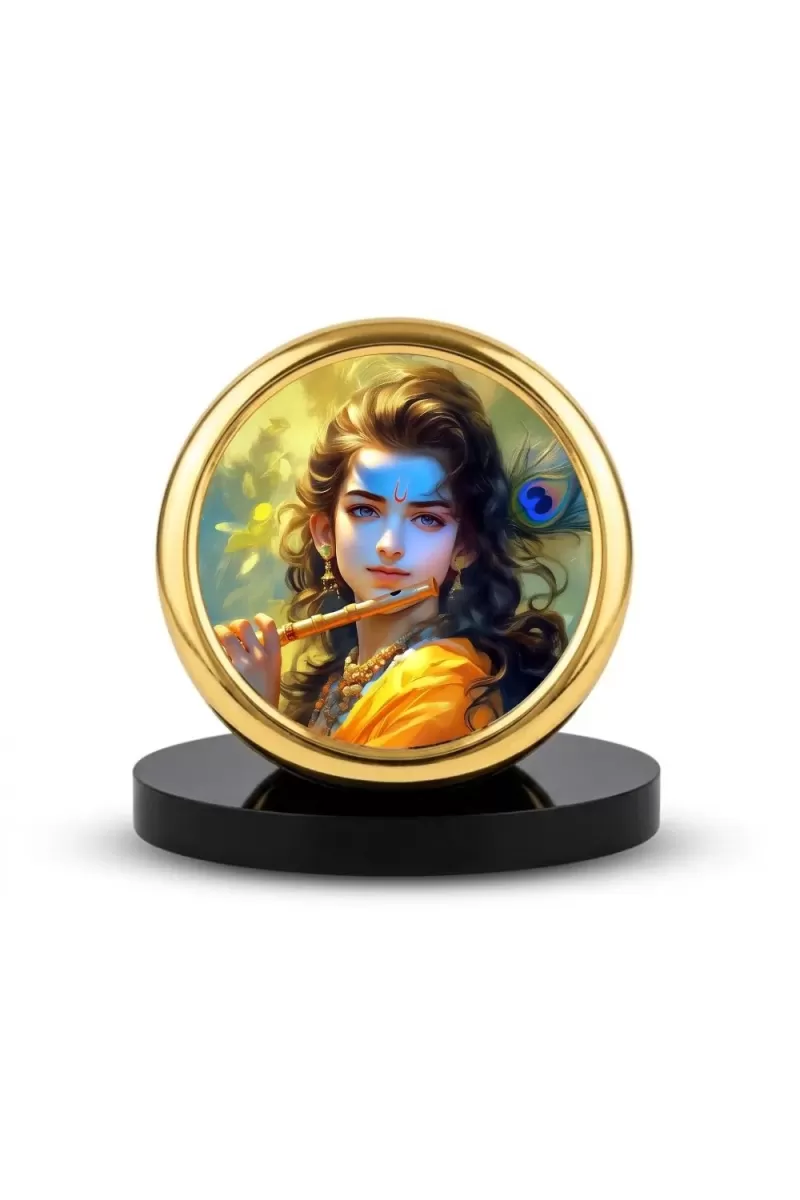 Car Desk/Table Top Lord Krishna Metal Golden Photo Stand  2x2 Inches, Compact & Stylish Spiritual Display For Car, Home & Office (Pack Of 1) (F18473)