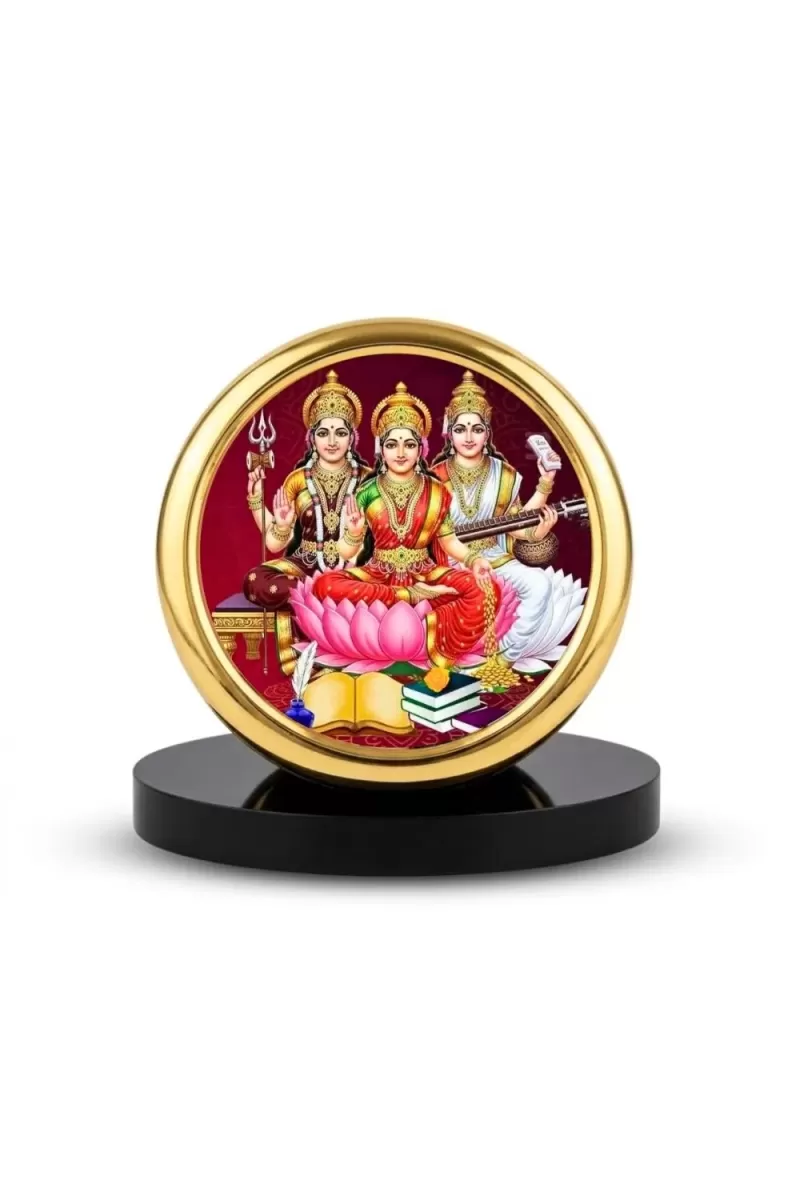 Car Desk/Table Top Lakshmi Saraswathi Parvathi Metal Golden Photo Stand  2x2 Inches, Compact & Stylish Spiritual Display For Car, Home & Office (Pack Of 1) (F18482)