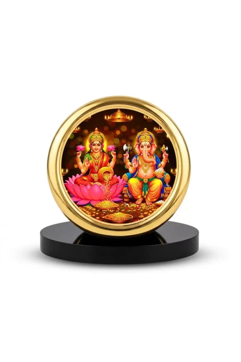Car Desk/Table Top Lord Ganesha And Lakshmi Metal Golden Photo Stand  2x2 Inches, Compact & Stylish Spiritual Display For Car, Home & Office (Pack Of 1) (F18488)