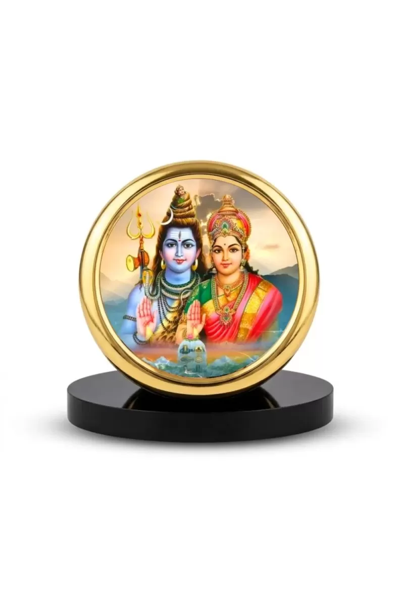 Car Desk/Table Top Lord Shiva And Parvathi Metal Golden Photo Stand  2x2 Inches, Compact & Stylish Spiritual Display For Car, Home & Office (Pack Of 1) (F18489)