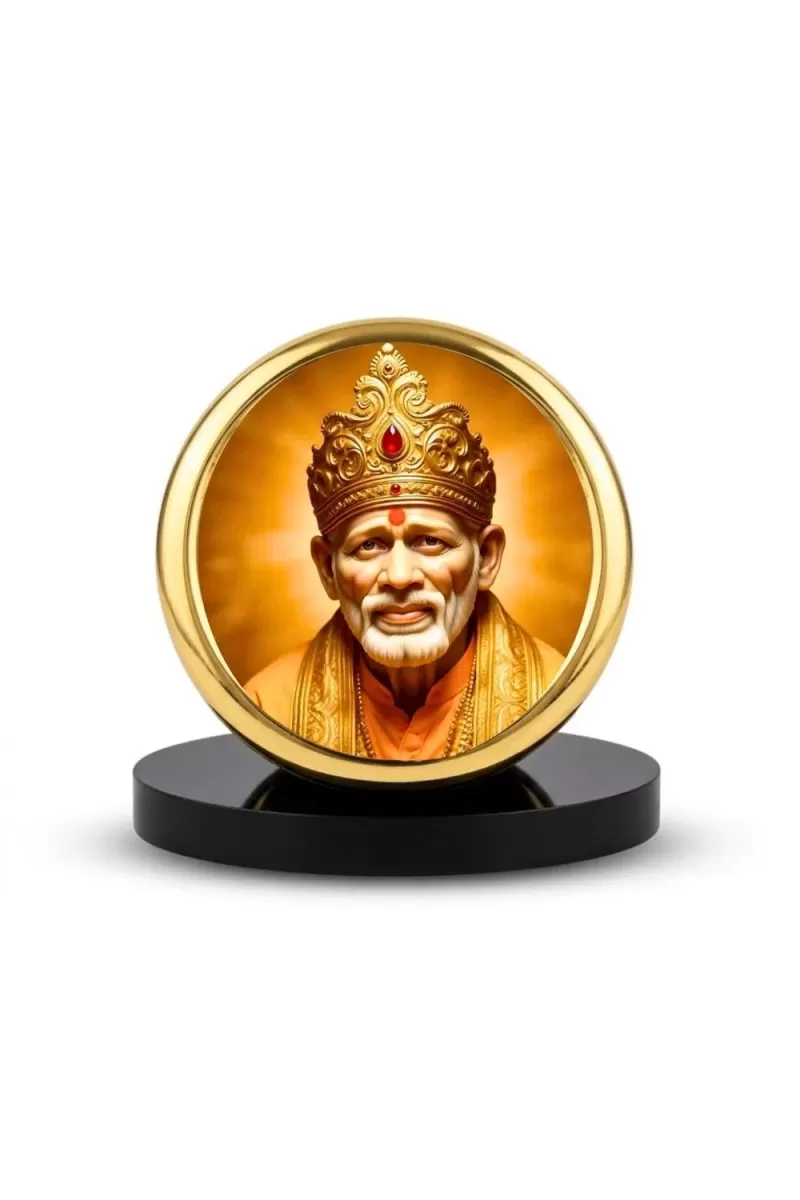 Car Desk/Table Top Lord Saibaba Metal Golden Photo Stand  2x2 Inches, Compact & Stylish Spiritual Display For Car, Home & Office (Pack Of 1) (F18503)