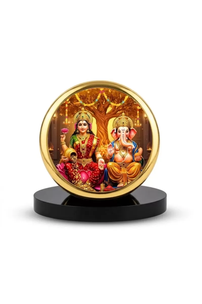 Car Desk/Table Top Ganesha And Laxmi Metal Golden Photo Stand  2x2 Inches, Compact & Stylish Spiritual Display For Car, Home & Office (Pack Of 1) (F18504)