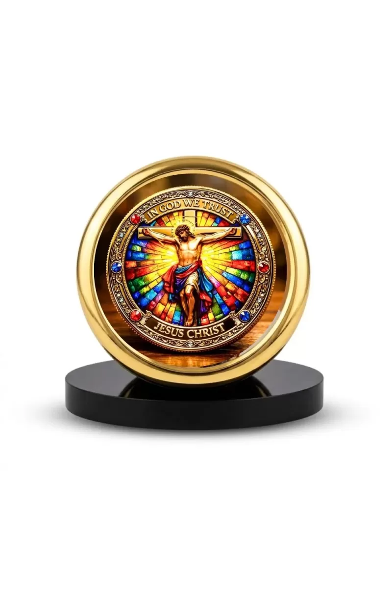Car Desk/Table Top Lord Jesus Metal Golden Photo Stand  2x2 Inches, Compact & Stylish Spiritual Display For Car, Home & Office (Pack Of 1) (F18513)