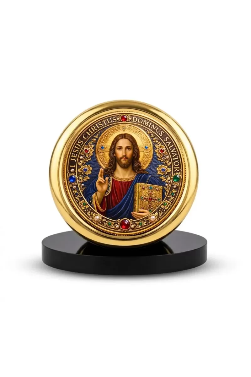 Car Desk/Table Top Lord Jesus Metal Golden Photo Stand  2x2 Inches, Compact & Stylish Spiritual Display For Car, Home & Office (Pack Of 1) (F18514)