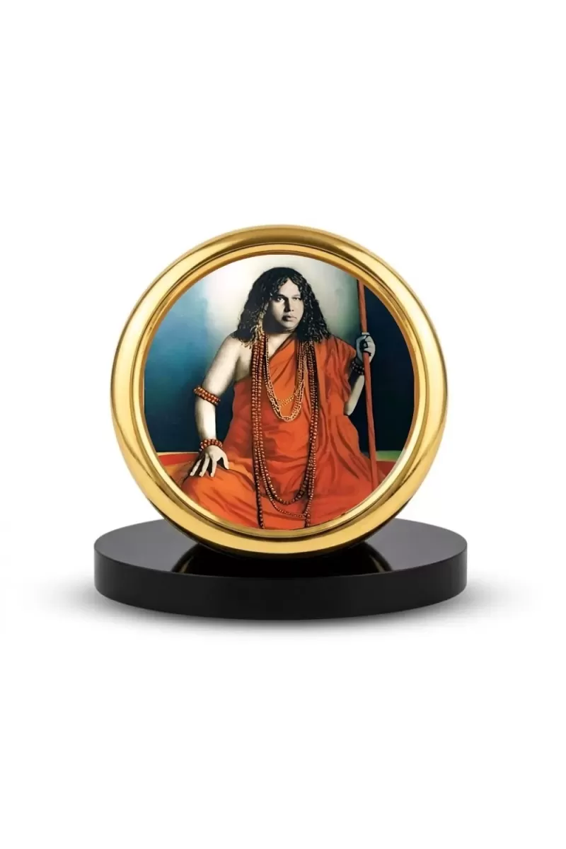 Car Desk/Table Top  Acharya Srimat Swami Pranabanandaji Maharaj Metal Golden Photo Stand  2x2 Inches, Compact & Stylish Spiritual Display For Car, Home & Office (Pack Of 1) (F18522)