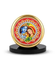 Car Desk/Table Top Lord Radha Krishna Metal Golden Photo Stand  2x2 Inches, Compact & Stylish Spiritual Display For Car, Home & Office (Pack Of 1) (F18523)