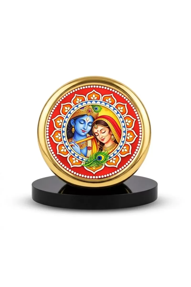 Car Desk/Table Top Lord Radha Krishna Metal Golden Photo Stand  2x2 Inches, Compact & Stylish Spiritual Display For Car, Home & Office (Pack Of 1) (F18523)